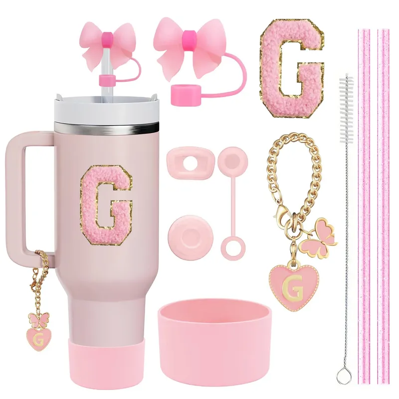10-teiliges Zubehör-Set für Stanley Cup, 2 Stroh und Bürste und 1 Blumen-Charm-Kette, 3 auslaufsichere Stopper, Blumen-Strohhalm-Abdeckung, Stiefel