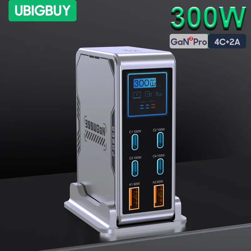 Ubigbuy 300 W GaN Ladegerät PPS PD 100 W USB Typ C 6-Port Digital Display Desktop Schnellladestation für MacBook iPhone Samsung