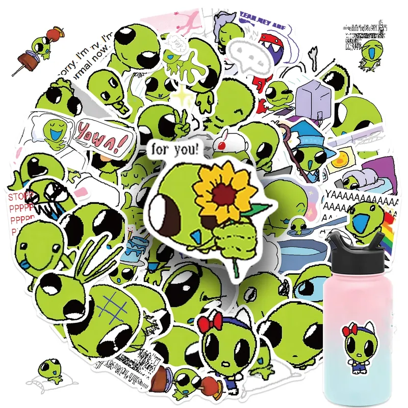 52 Stück grüne Alien-Aufkleber, wasserfest, wiederverwendbar, PVC-Aufkleber mit skurrilen Designs für Laptops, Wasserflaschen, Skateboards, Gepäck