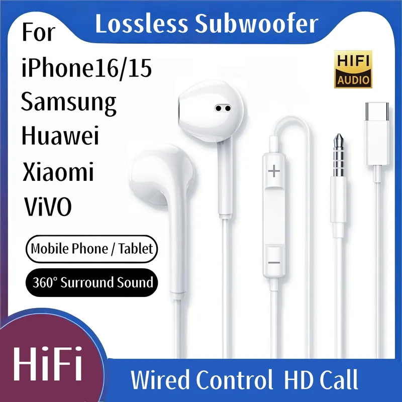 In-Ear-Kopfhörer Subwoofer mit HD-Mikrofon Typ C kabelgebundenes Headset für iPhone 15 16 SamsungS24 Xiaomi Huawei VIVO Telefon Tablet Kopfhörer