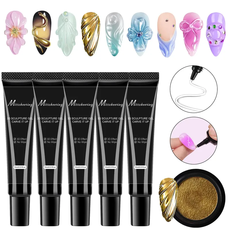 5 Stück/Set 3D-Nagelkunst-Gel – DIY-Designs, wasserfestes, formendes Gel, wasserfestes Nail-Art-Design-Gel für komplizierte Schnitzereien und Formen