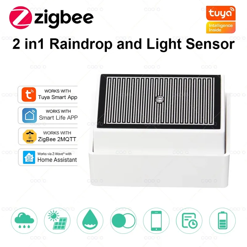 2-in-1 Tuya Zigbee Regensensor mit Lichtdetektor IPX4 Wasserdichter Regendetektor für den Außenbereich funktioniert mit Smart Life Home Assistant Z2M