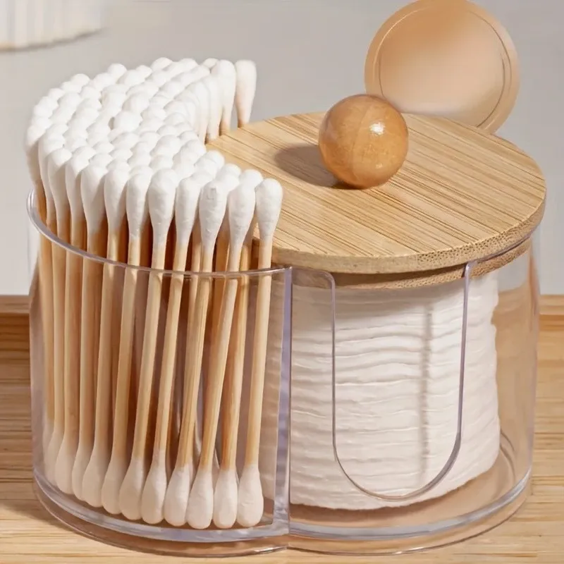 Transparenter Tupfer- und Make-up-Pad-Organizer mit Holzdeckel – Badezimmer-Aufbewahrung mit zwei Fächern für Knospen, Pads und Beauty-Mixer