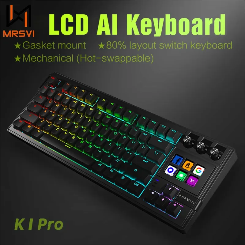 MRSVI K1 PRO Visuelle LCD-KI-Tastatur, 80 % mechanische Gaming-Tastatur, Makro, rote Achse, kabelgebunden, abnehmbares Kabel, RGB-Hintergrundbeleuchtung, Hot-Swap