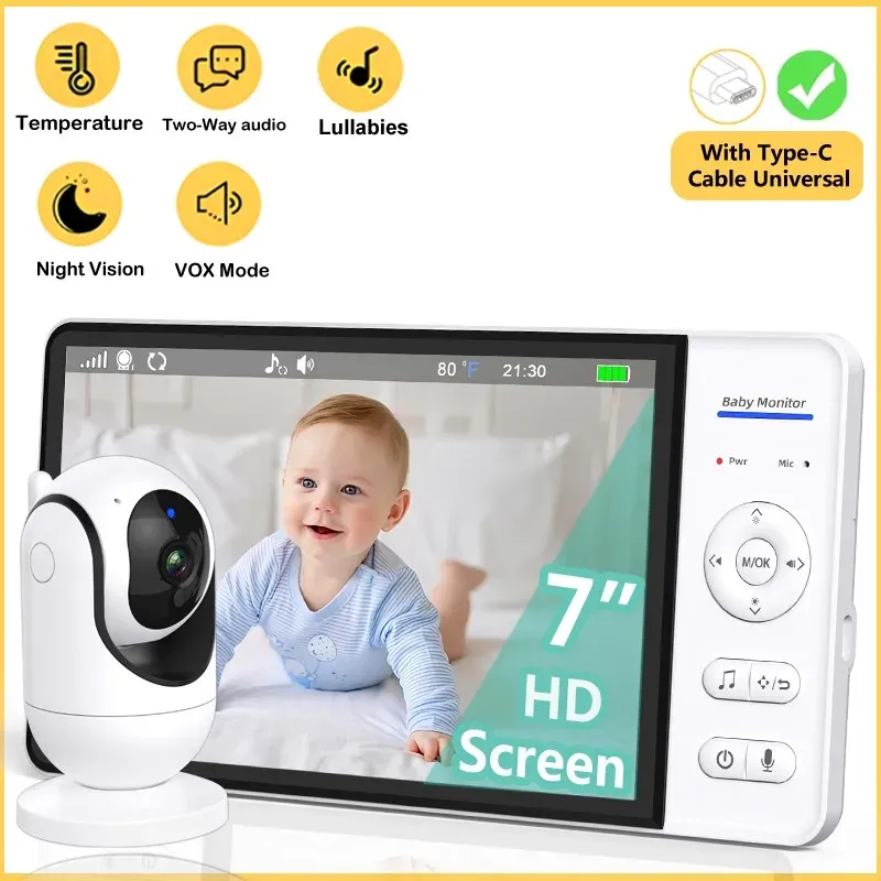 Kein WiFi 7 Zoll Babyphone 2-Wege-Audio Nachtsicht 4X Zoom Drahtlose Kinderschutz Überwachungsvideokamera 5000 mAh Akku