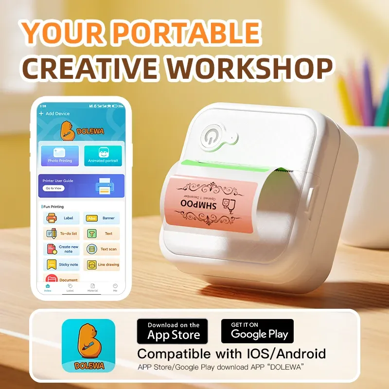 DOLEWA D8 Tragbare Mini-Drucker, kabellos, Bluetooth, tintenloser Aufkleberhersteller, Drucker, Tag-Preismaschine für Büro, Schule, Küche
