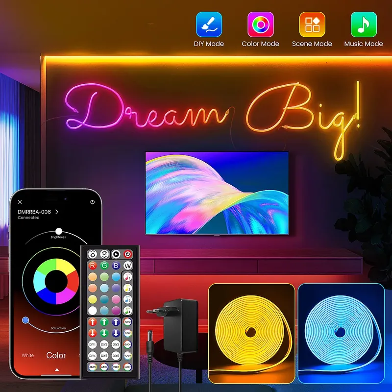 Flexible RGB-Neon-LED-Streifen mit Musik-Synchronisierung und App/Fernbedienung, mehrere Modi, DIY-Design, IP65 wasserdichte Musik-Synchronisierung für den Außenbereich für den Raum