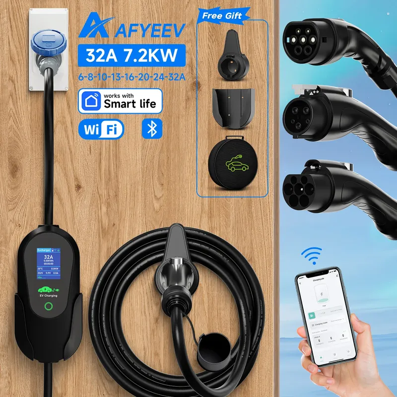 AFYEEV 7,2 kW 32 A tragbares Typ2 IEC62196-2 EV-Ladegerät Typ1 SAE J1772 Elektroauto-Ladegerät GBT EVSE Ladekabel WiFi APP
