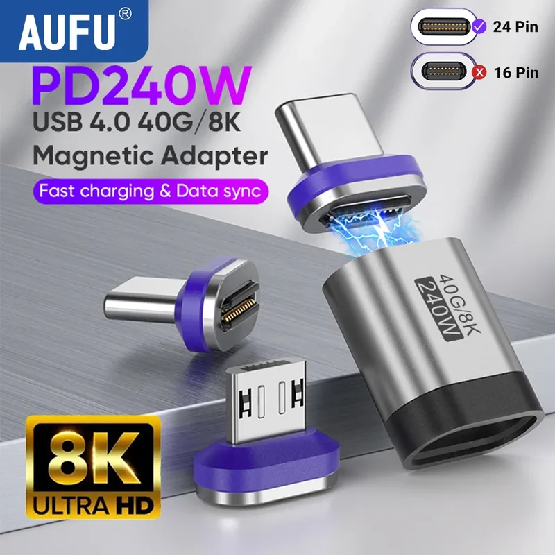 AUFU 240W Magnetischer Adapter 24Pin USB4.0 Thunderbolt3 USB C auf Typ C Schnelllademagnet USB C Konverterkabel 8K USB OTG Adapter