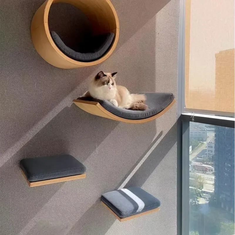 An der Wand montiertes Katzenregalbett mit weichem Kissen, Katzenstange, Katzenmöbel für den Innenbereich, für Kätzchen und Erwachsene, Klettern, Schlafen und Spielen