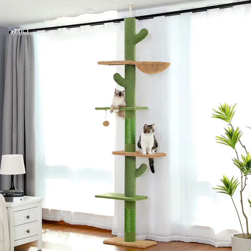 Höhenverstellbarer Kratzbaum für den Innenbereich, vom Boden bis zur Decke reichender Katzenturm mit Kratzbäumen, Katzenwohnung, Hängematte und baumelnden Bällen