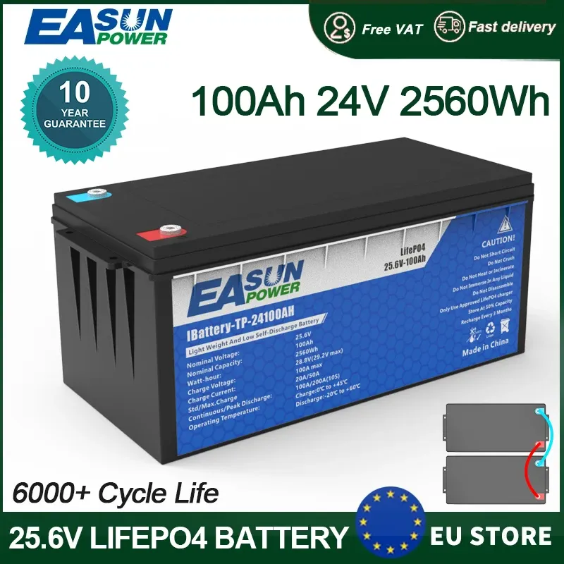 Easun Power Lifepo4-Batterie, 24 V, 100 Ah, Güteklasse A, 25,6 V, paralleles und anpassbares BMS + 2000-Zykluslebensdauer, Polen, Lagerung