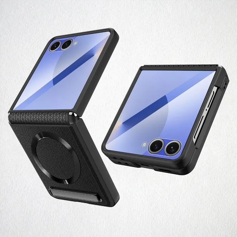 Magnetische kabellose Lade-Ständer-Telefonhülle für Samsung Galaxy Z Flip7 FE Flip 7 6 5, Scharnierschutz, Glasfolie, Lederhülle
