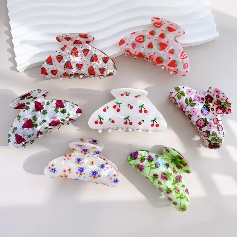 Koreanische Acryl Haar Klaue Clips für Frauen Und Mädchen Blume Früchte Design Dicke Dünne Haar Styling Zubehör Schweiß Fangen Hairgrip