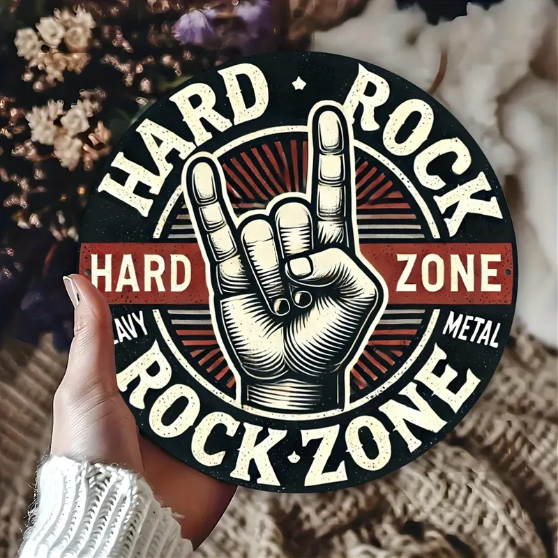 [2D Flat] 1 Stück Vintage Hard Rock 8x8" Rundes Metallschild – rostfreie und wetterbeständige Wanddekoration mit Schwermetall-Handgeste
