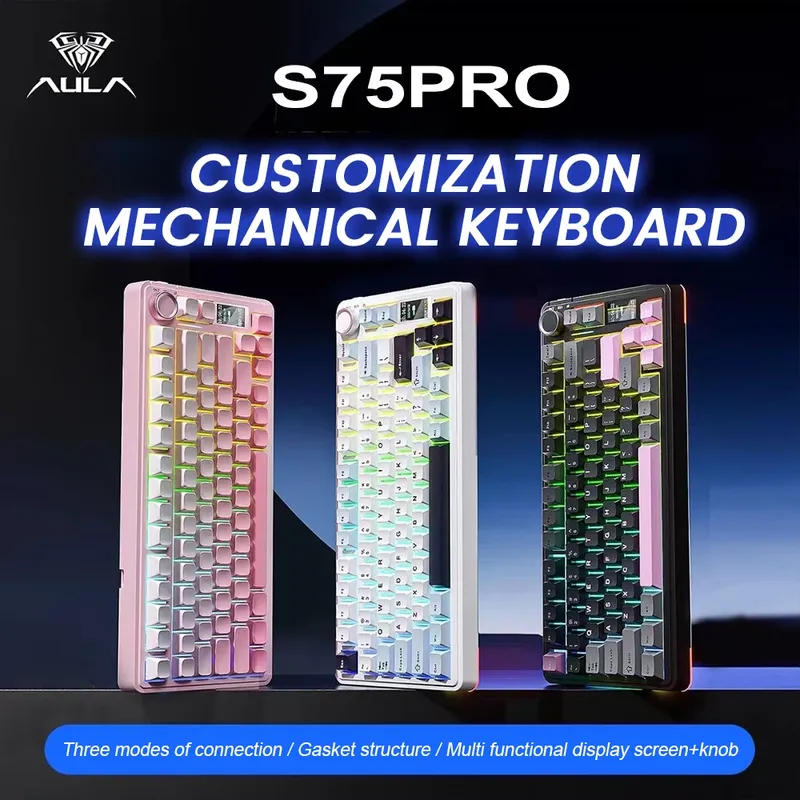 AULA S75 Pro Gaming Mechanische Tastatur, 75 % Hot-Swap-fähige RGB-Hintergrundbeleuchtung, 4000 mAh, PBT-Tastenkappen, kabellose Tastatur mit LED-Bildschirmknopf