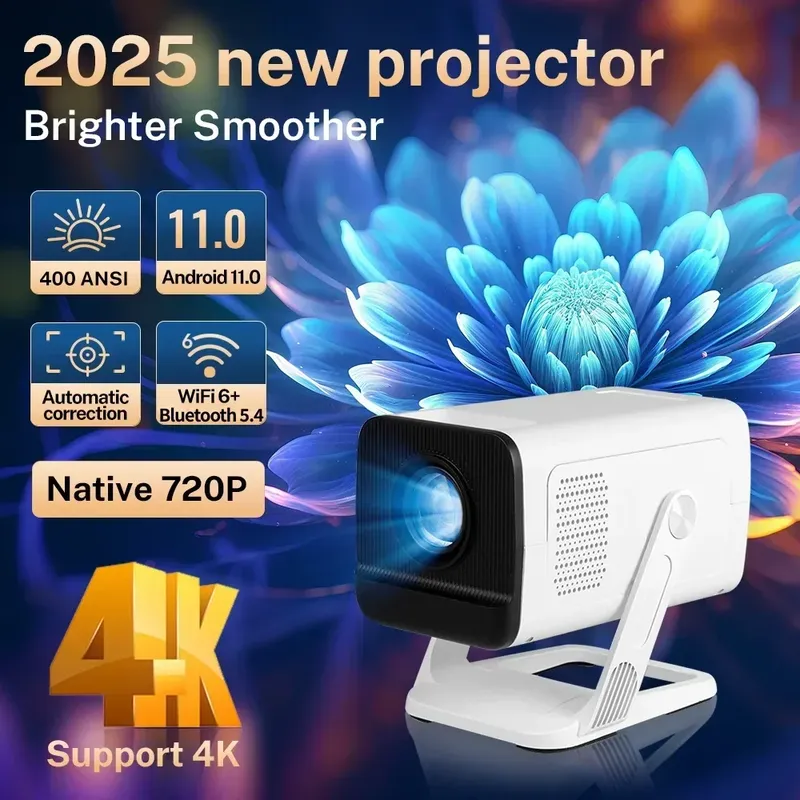 Mini-Projektor 1080P/4K unterstützt, WiFi 6 und Bluetooth 5.4, Android TV Short Throw tragbarer Beamer für Heimkino-Außenfilme