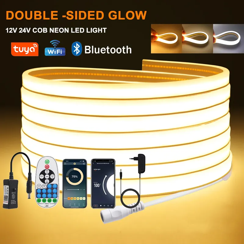 Dimmbarer COB-LED-Streifen, 12 V, 24 V, Tuya-WLAN, Bluetooth, flexibles Neonband, 320 LEDs, hohes lineares Licht, wasserdichtes COB-LED-Licht