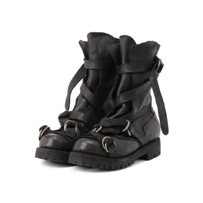 Herren Leder Motorradstiefel Punk Retro Dicke Sohlen Mittelkalb Ritterstiefel Schwarz Weiche Gürtelschnalle Riemen High-Top Mokassin Schuhe