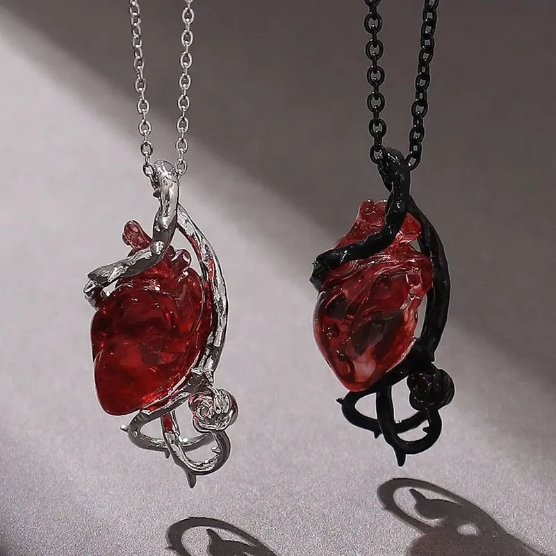 Dunkelrote Kristallblume Dornen Anhänger Halskette für Frauen Unisex Gothic Punk Liebe Herz Skelett Totenkopf Halsband Halloween Schmuck