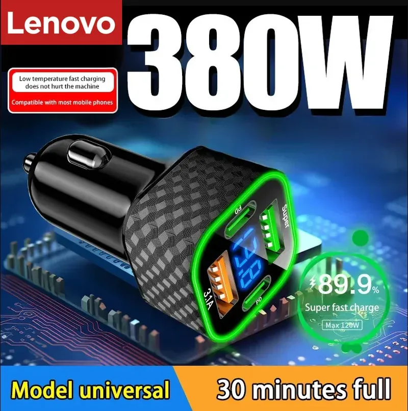 Lenovo SUPER FAST Autoladegerät 380W 4-in-1 USB-Zigarettenanzünder-Adapter mit QC3.0 für Alle Autos, LKWs, SUVs Universelles Ladeadapter
