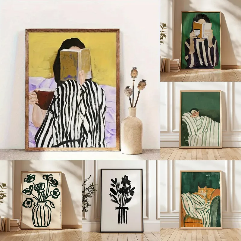Abstrakte Frau liest Buch und Getränke, Kaffee-Leinwanddrucke, grüne Streifen, Damen-Wandkunst-Poster für moderne Wohnzimmer- und Heimdekoration