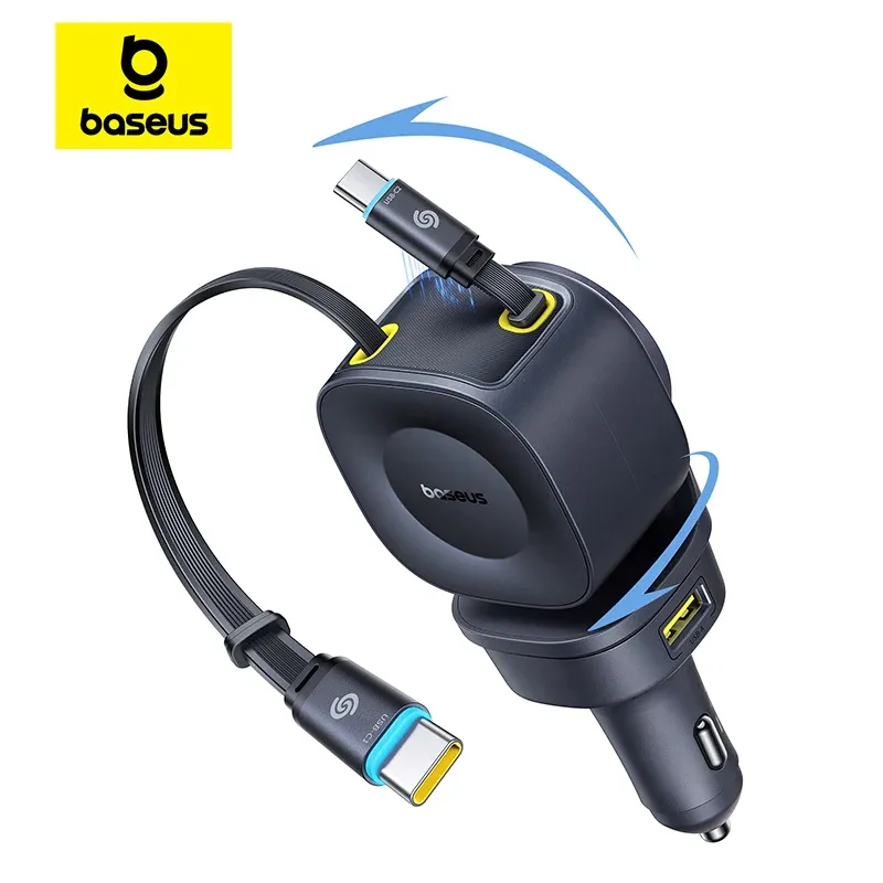Baseus Autoladegerät, 60 W, 100 W, 30 W, 240 W, 4 Anschlüsse, integriertes Dual-Einziehkabel, PD-Schnellladung, USB-Typ-C-Autotelefon-Ladegerät