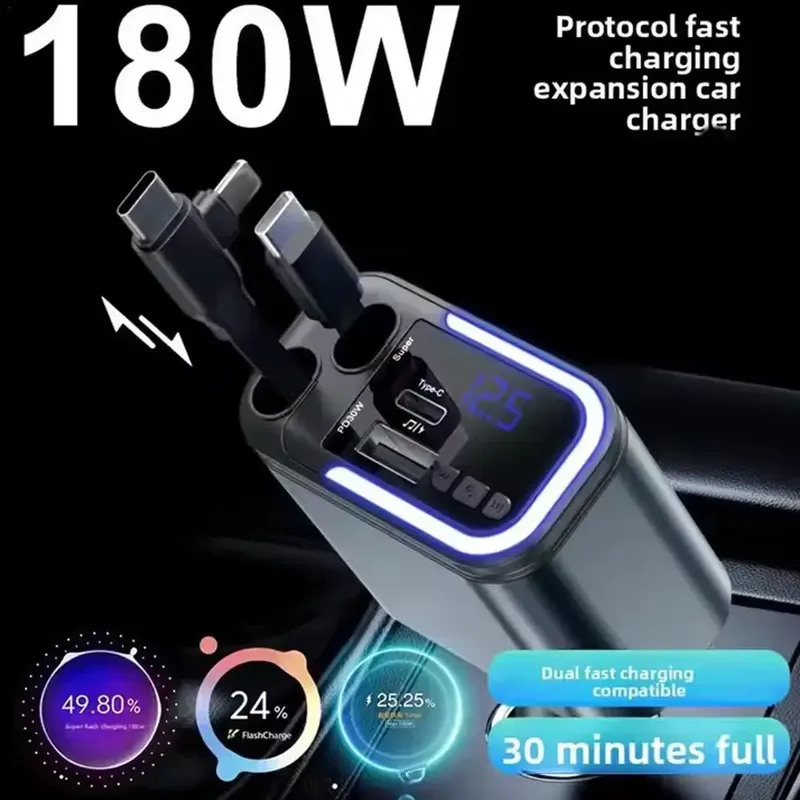 5-in-1 einziehbares USB-C-Autoladegerät 180 W Auto-Schnellladeadapter mit Atmosphärenlichtern für iPhone, iPad, Android