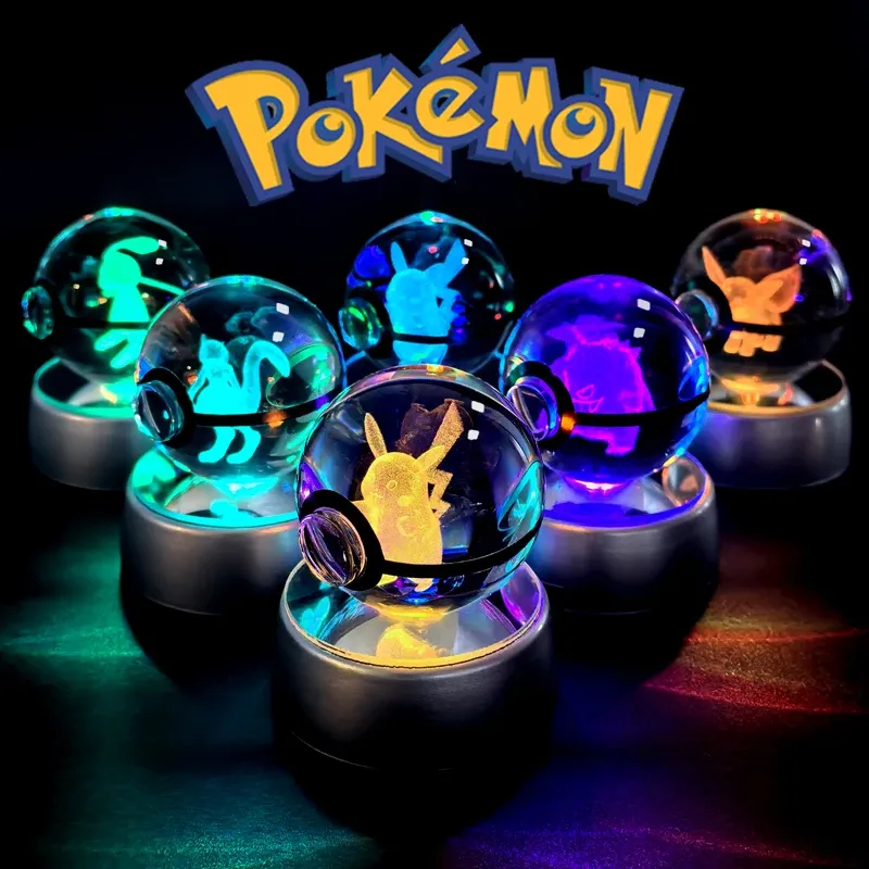 Pokemon Kristallkugel 3D Pikachu Mewtwo Mew Gengar Nachtlicht Lampensockel Pokeball Kristall Pokemon Glaskugel Figur Geburtstagsgeschenk