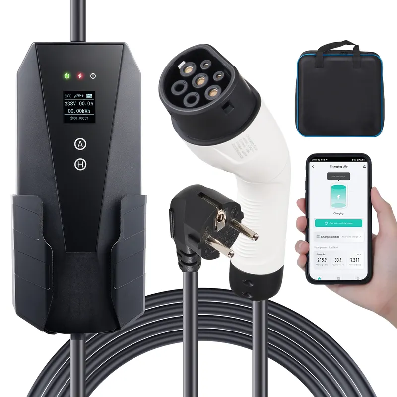 SucceBuy Tragbares EV-Ladegerät Typ 2, 16 A, 3,68 kW + 25 Fuß Ladekabel, CEE 7/7-Stecker-LCD-Bildschirm zum Aufladen von Elektrofahrzeugen
