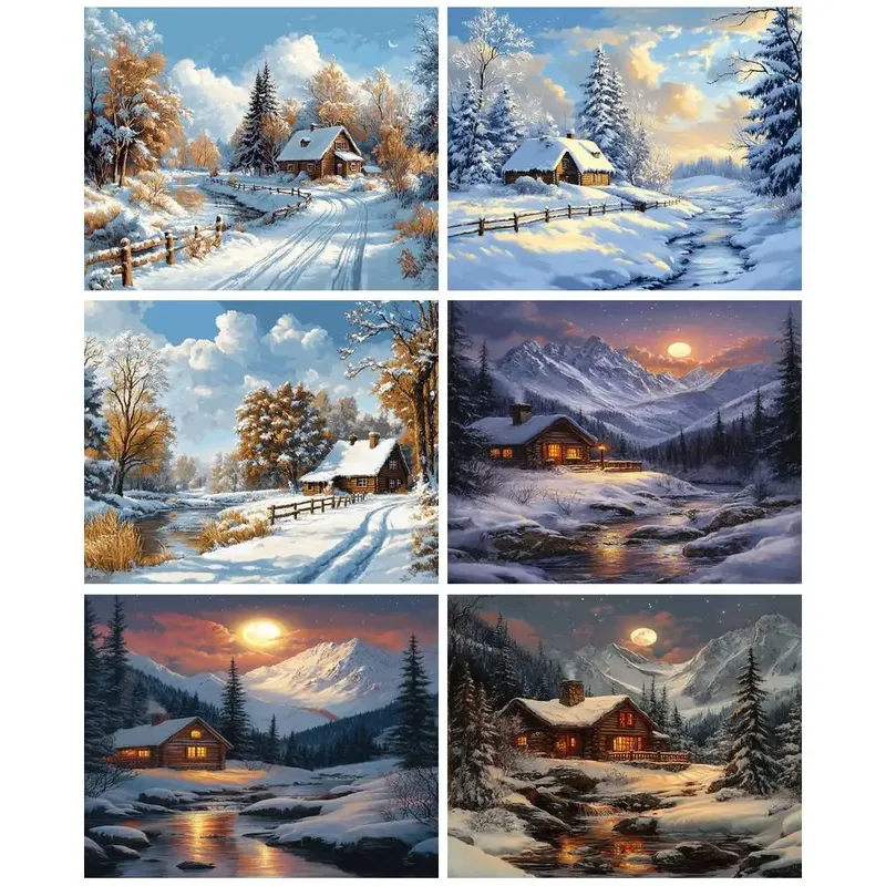 GATYZTORY Acrylgemälde nach Zahlen auf Leinwand, Farbset, Winter-Schneehaus, zum Ausmalen auf Zahlen, handgemaltes Wanddekor-Geschenk