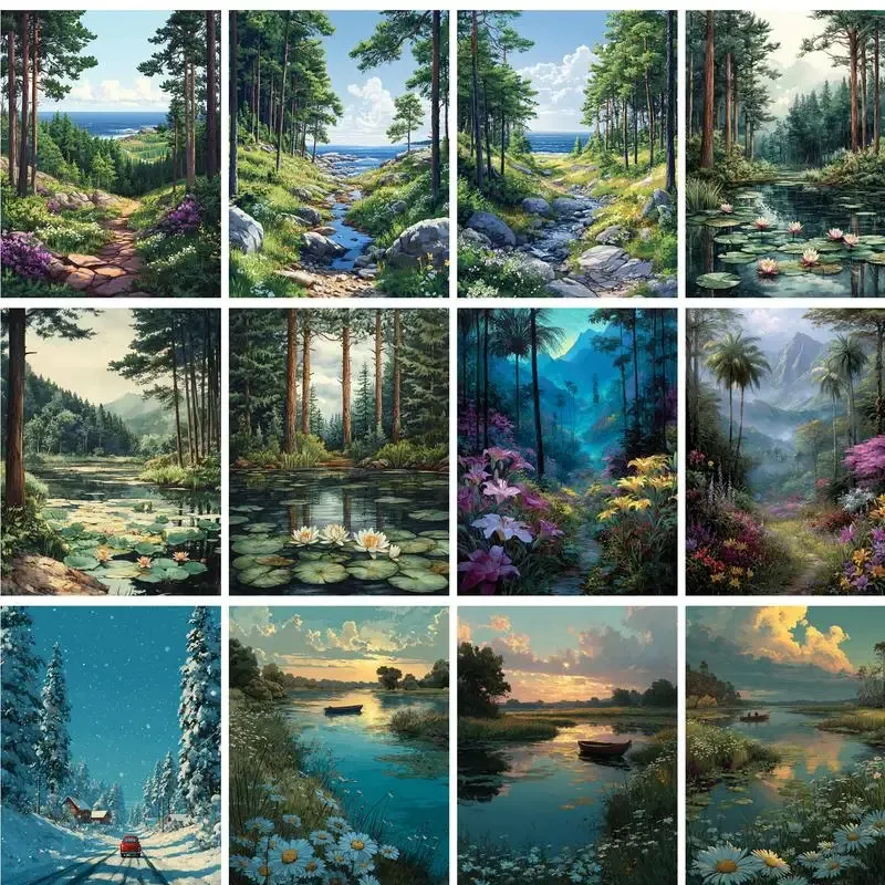 GATYZTORY Moderne Malen nach Zahlen für Erwachsene, Malen nach Zahlen, Waldlandschaft, Heimdekoration, Geschenk, Bild, Zeichnung, Farbset, Diy