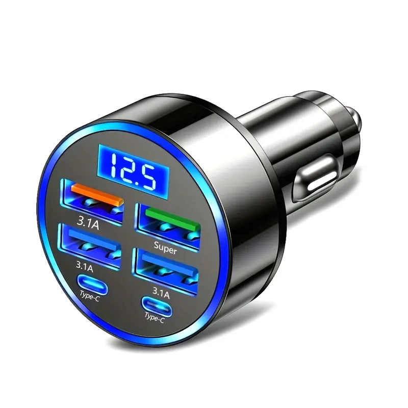 6-in-1-Schnelllade-Autoadapter, 3,1 A, Dual-Typ-C-Digitalanzeige, Smartphones, Tablets, Powerbanks, schwarzes tragbares Ladegerät