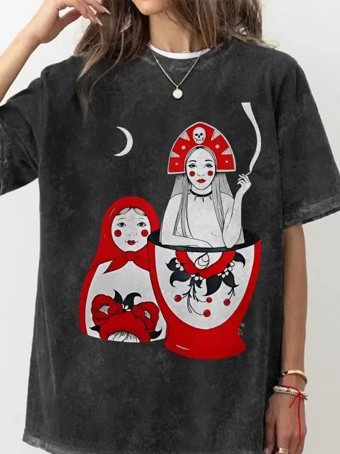 Russisches Puppenmuster, süßer Stil, Y2k-Grafik-T-Shirt, übergroßes Damen-T-Shirt, süßer handbemalter Hase, koreanische Art, Sommer
