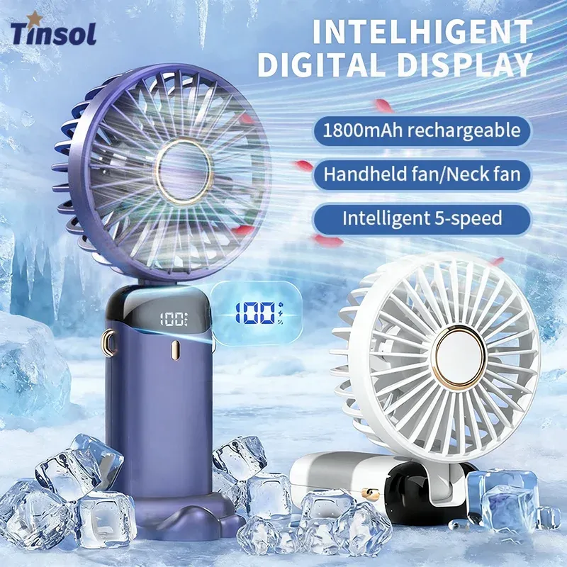 TINSOL Mini tragbarer Handventilator, faltbarer Ventilator zum Umhängen, USB wiederaufladbar, 1800 mAh mit Display