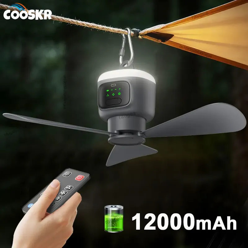 12000mAh tragbare Deckenventilatoren, Outdoor-Campingventilator, Zelt-Luftzirkulator, Kühler, wiederaufladbarer elektrischer Ventilator, LED-Licht, Fernbedienung