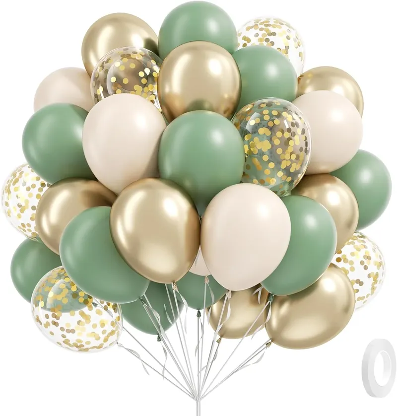 60 Stück Salbeigrün Sand Weiß Metallic Gold Konfetti Luftballons für Boho Geburtstag Hochzeit Braut Babyparty Verlobungsfeier Dekor