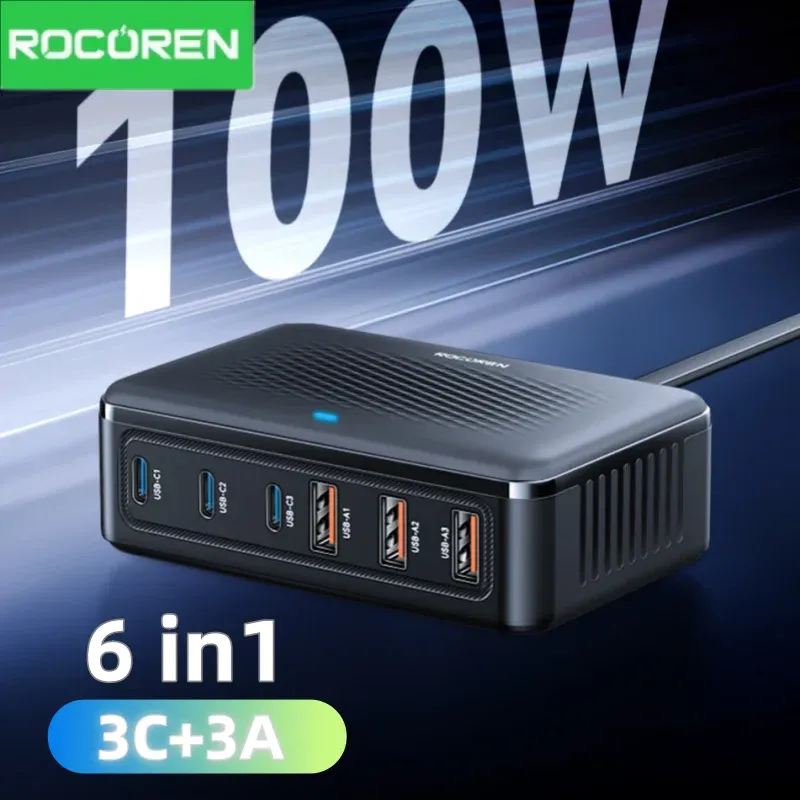 Rocoren USB-Ladegerät 100 W GaN-Ladegerät 6-Ports Desktop-Schnellladung Typ-C-Ladegerät Tragbares Kraftwerk für iPhone Xiaomi POCO