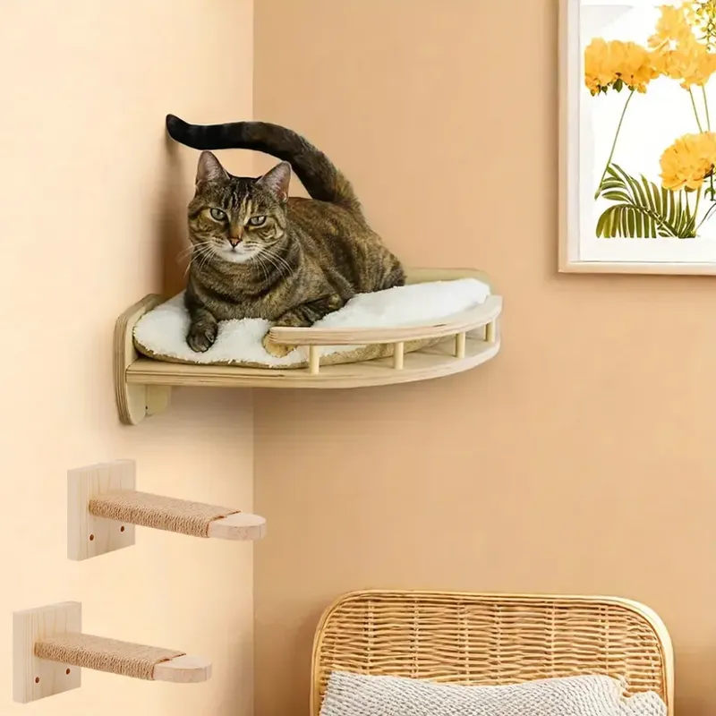 Katzenwandregale – 2-stufige Kratzbaum- und Hängemattenbett-Kletterregal für Katzen im Innenbereich, die Baum spielen, Turmzubehör