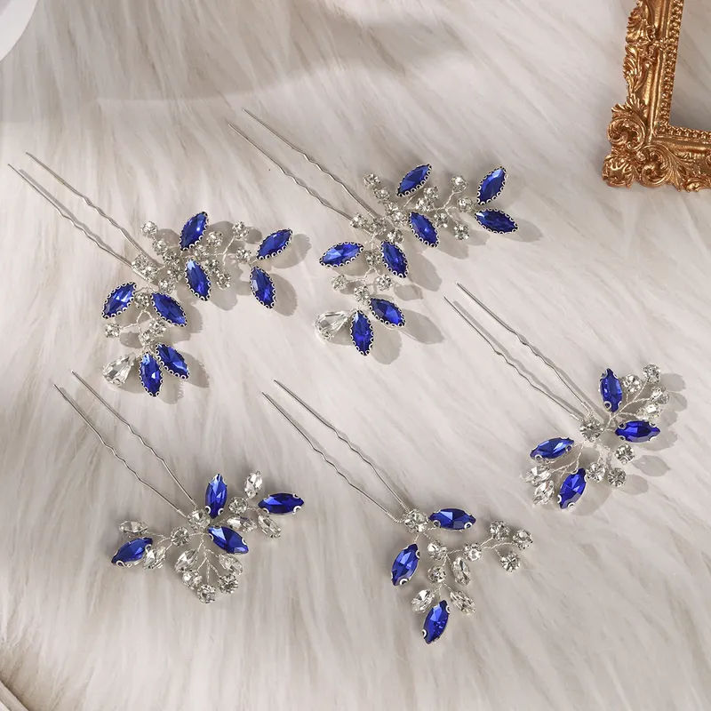 Blaue Kristall Braut Elegante Haarnadeln Mode Blätter Strass Haar Clips Kopfbedeckungen Für Frauen Partei Schmuck Haar Zubehör