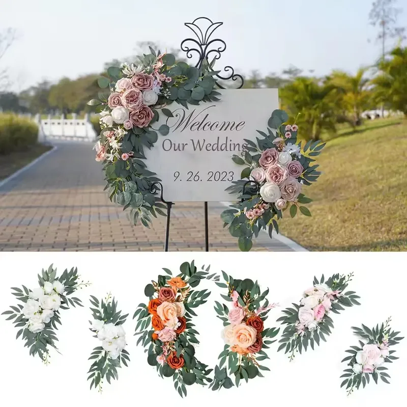 Künstlicher Hochzeitsbogen-Blumen-Set, Boho, staubige Rose, blaue Eukalyptus-Girlande, Vorhänge für Hochzeitsdekorationen, Willkommensschild