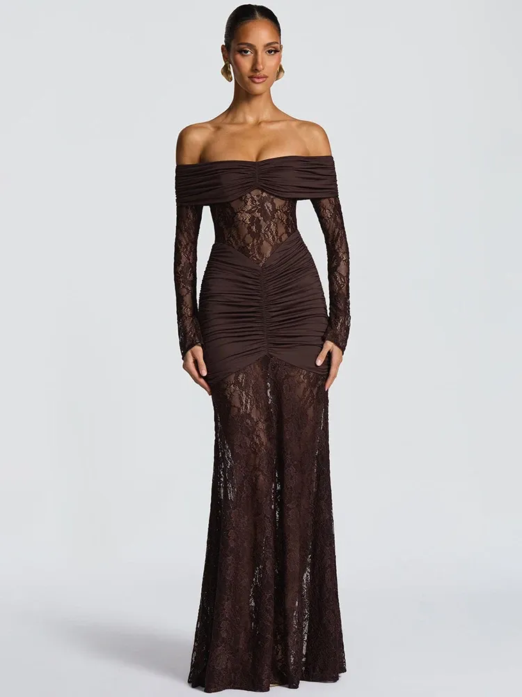 Mozision Off-Schulter Langarm Sexy Maxikleid Damen Mode Spitze Durchsichtig Trägerlos Rückenfrei Bodycon Club Party Kleider