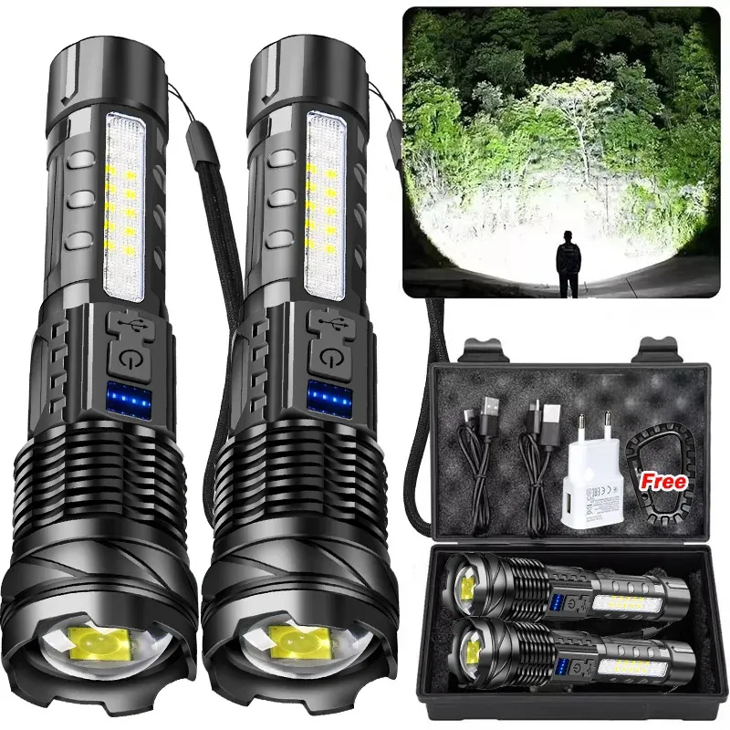 Leistungsstarke Taschenlampen Typ C wiederaufladbare Zoom-Taschenlampe Hochleistungs-LED-Taschenlampe Eingebauter Akku für Camping-Notfalllampe