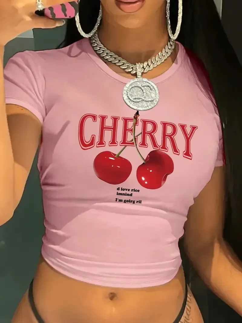 Mode Kirschdruck Rundhals T-Shirt Y2K Kurzarm Tight Fit Crop Top Frühling Sommer Damenbekleidung