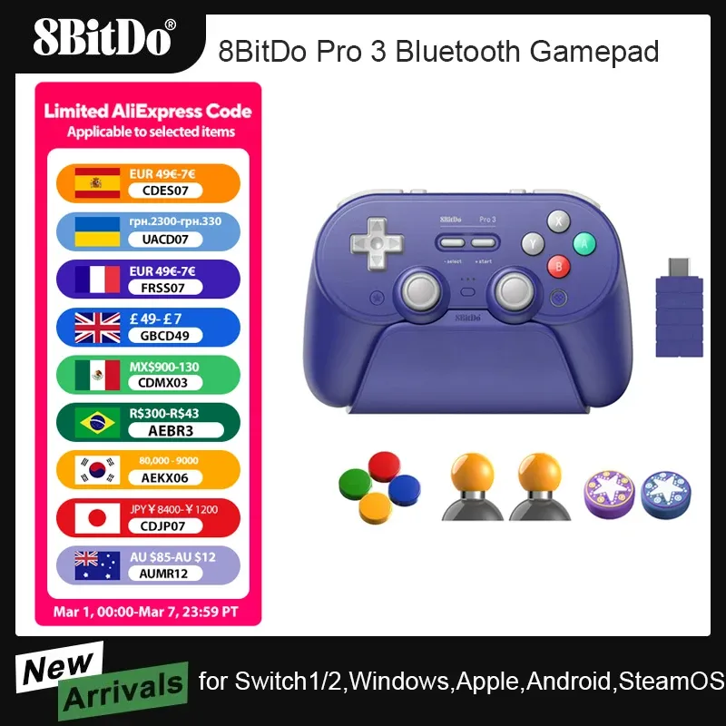 8BitDo Pro 3 Bluetooth-Gamepad, kabelloser Gaming-Controller für Switch 1/2, Windows, Apple, mit TMR Joysticks, austauschbarer Taste