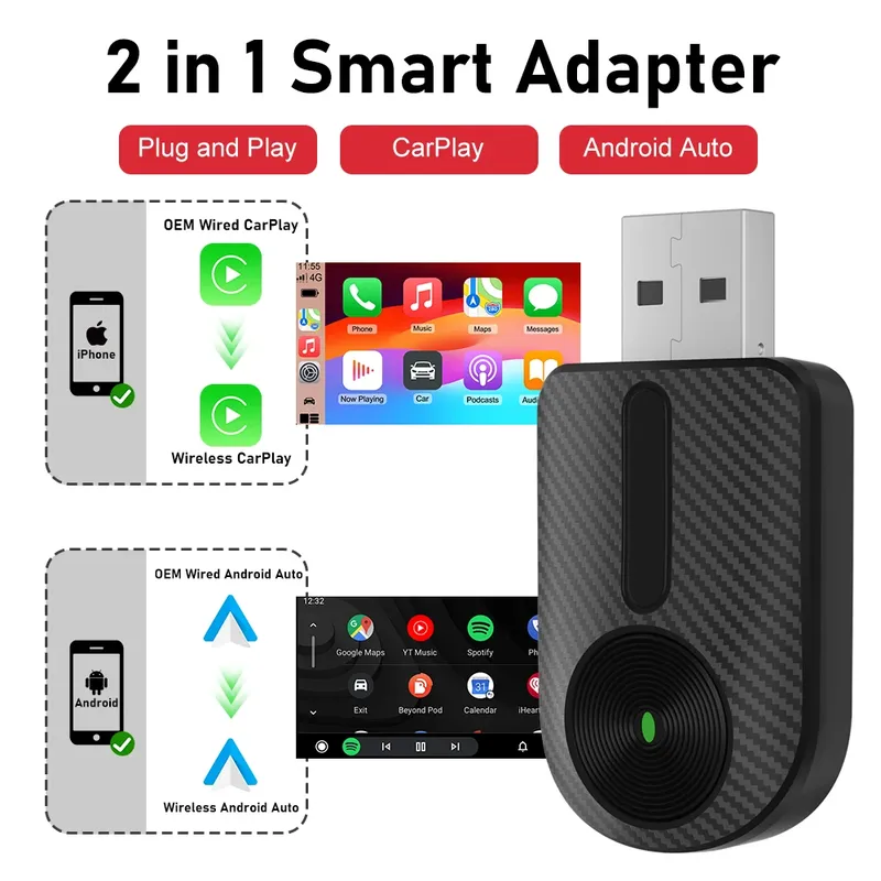 Carplay Android Auto 2-in-1-Wireless-Adapter, Carplay-Adapter für OEM-Autoradio mit USB-Plug-and-Play, verkabelt mit kabellosem Carplay