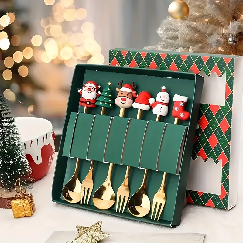 2/4/6-teiliges Weihnachts-Gabel- und Löffel-Set, kreatives Geschirr aus Edelstahl, Geschenkset für Kaffee, Tee, Dessert, Gabeln und Löffel