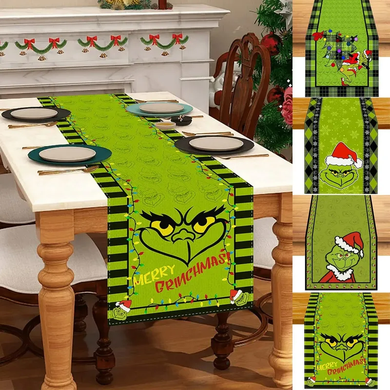 Weihnachts-Tischläufer, mehrere Größen, 2D-Druck, grüner Baum, Rentier, Leinen, Urlaub, Küche, Esszimmer, Dekoration, fröhlich