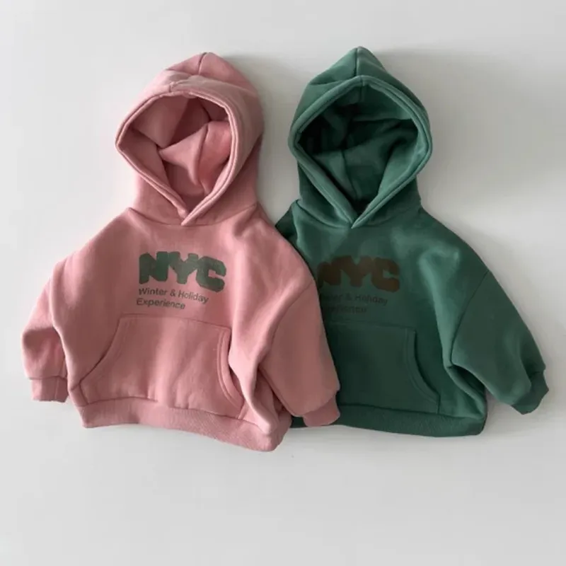 2023 herbst Neue Kinder Langarm Casual Sweatshirt Jungen Mädchen Fleece Hoodie Kinder Brief Drucken Warme Mit Kapuze Tops Baby Kleidung - 17.35 EUR