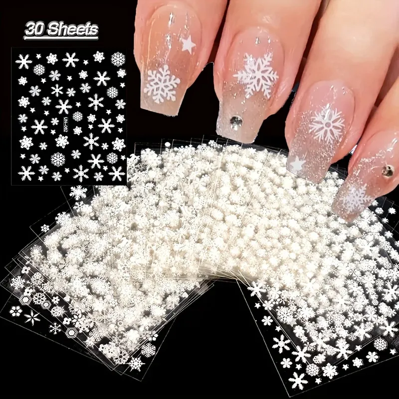 30 Stück Blatt Weihnachten 3D Nail Art Aufkleber Abziehbilder Nail Art Supplies für Frauen und S – selbstklebender Cartoon-Schneeflocken-Schneemann